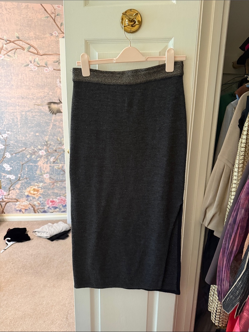 Anthropologie Dark Gray Knit Pencil Skirt with Metallic Waistband